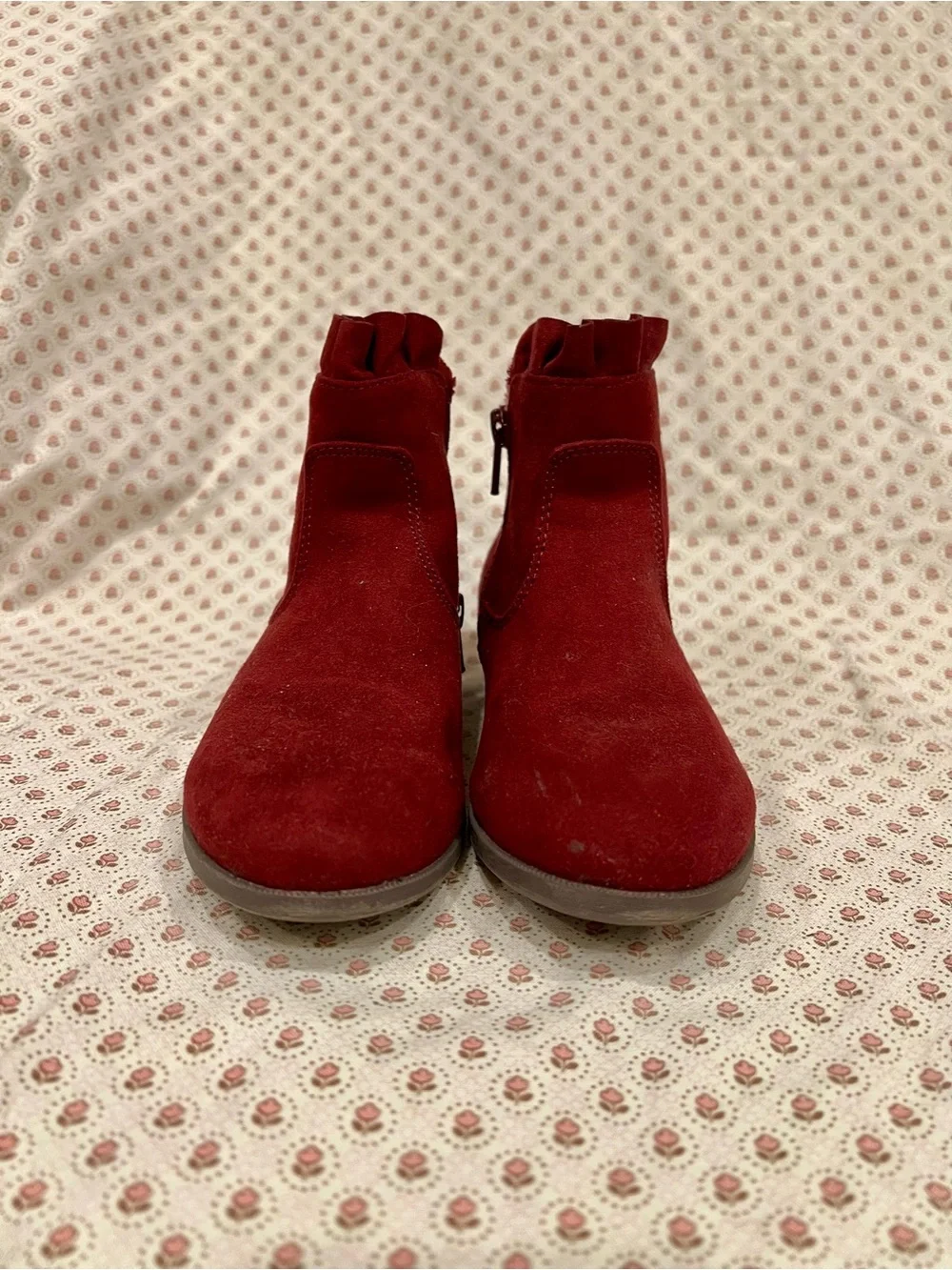 H&M Girl Burgundy Suede Ankle Boots - Stylish Ruffle Top. Size 12